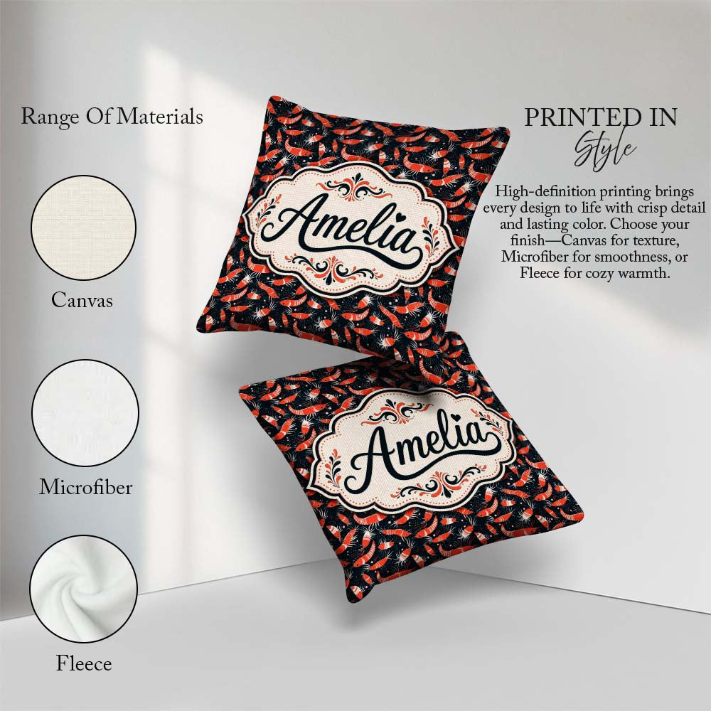 Custom Name Graphic Red Shrimp on Dark Ocean Background Seamless Square Filled Cushion Throw Pillow Sofa Bed Home Decor Zip Washable UK Made