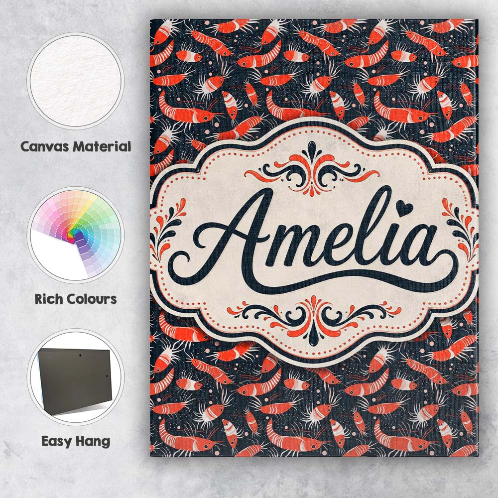 Personalised Name Graphic Red Shrimp on Custom Modern Room Accent Elegant Feature Canvas Wall Art Print Decor Picture Ready to Hang