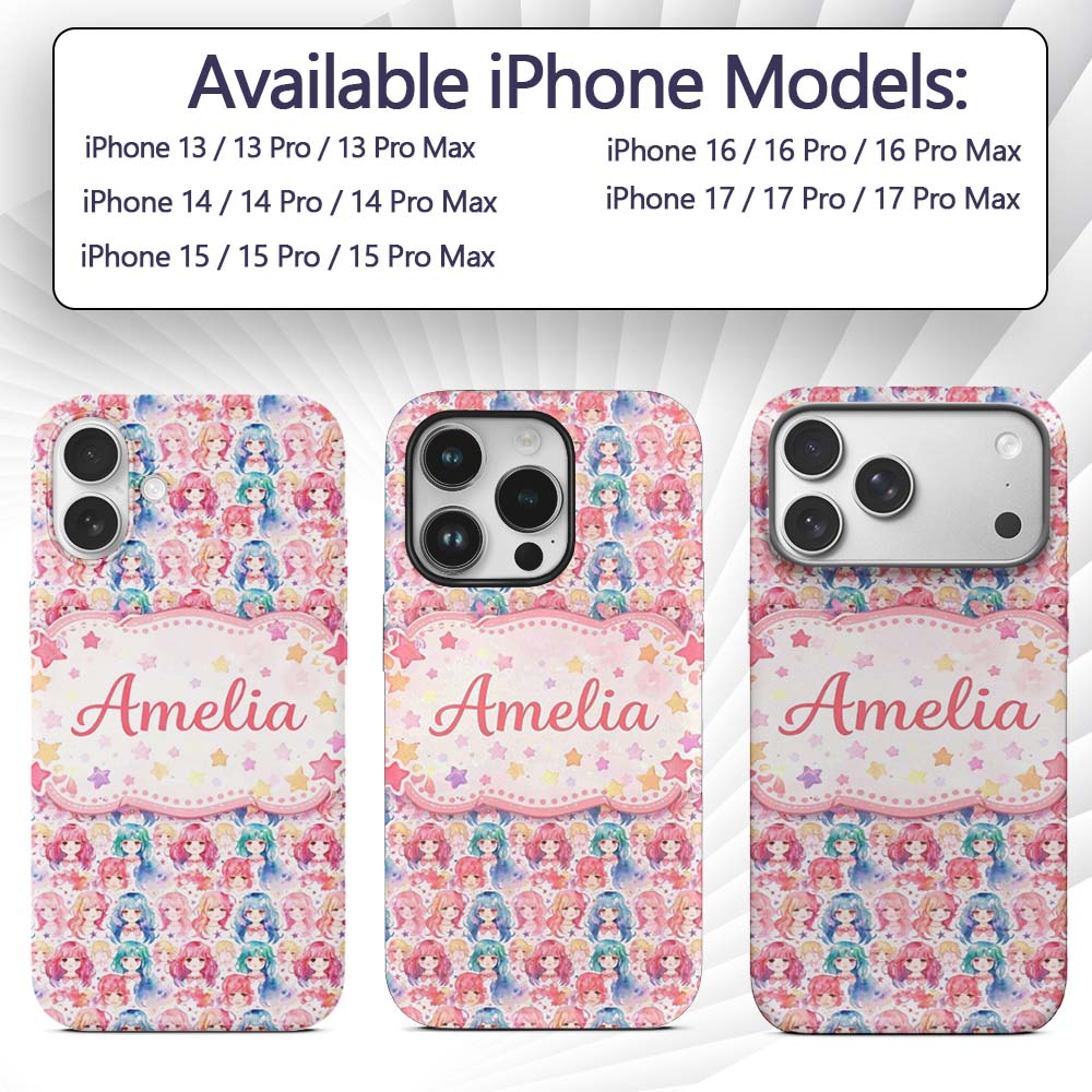 Colourful Anime Girls Pastel Star Pattern Kawaii Custom Name Protective Phone Case Mobile Cover Durable Everyday Smartphone Shock Resistant