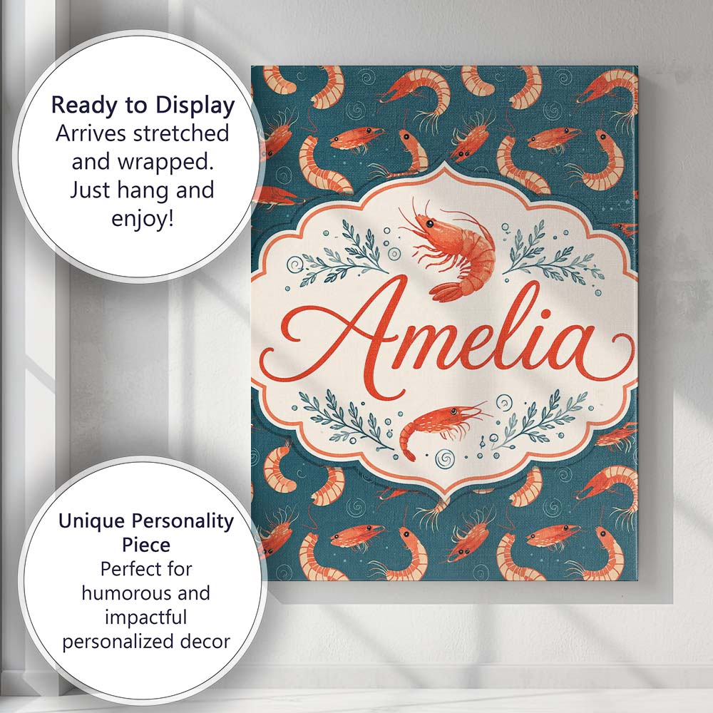 Personalised Name Playful Red Shrimp on Custom Modern Room Accent Elegant Feature Canvas Wall Art Print Decor Picture Ready to Hang