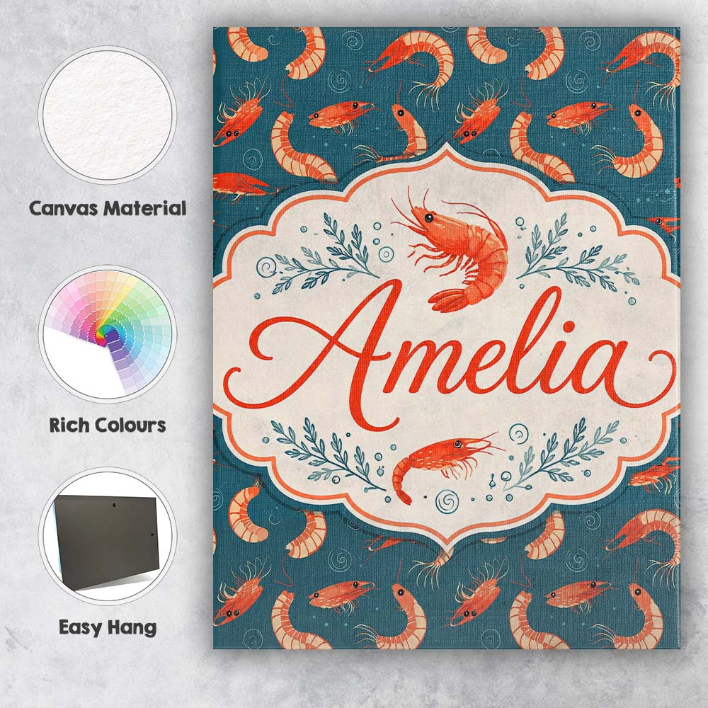 Personalised Name Playful Red Shrimp on Custom Modern Room Accent Elegant Feature Canvas Wall Art Print Decor Picture Ready to Hang