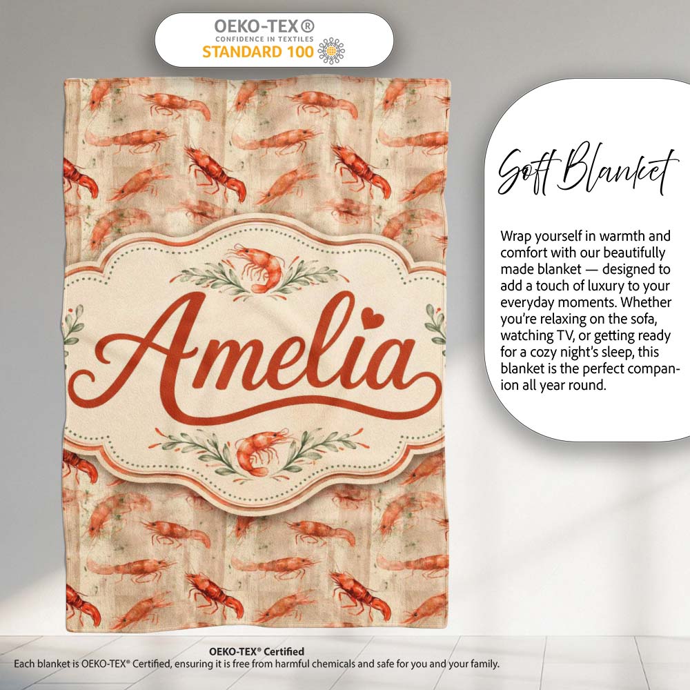 Rustic Watercolour Prawn on Textured Neutral Background Seamless Personalised Custom Name Super Soft Fleece Blanket Bed Sofa Throw