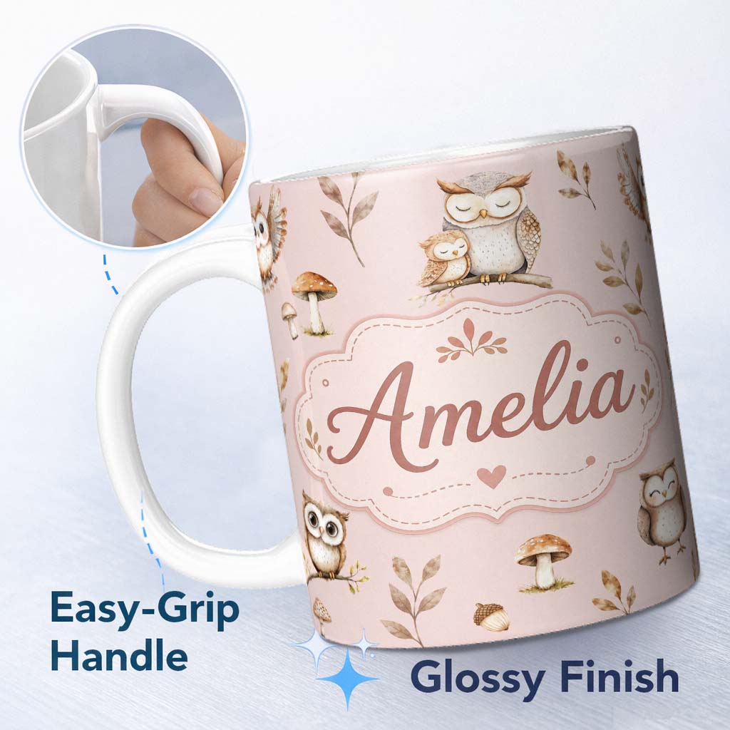 Personalized Custom Name Cute Woodland Owls Mushrooms and Leaves Soft Blush Pink Background 11oz Ceramic Coffee Tea Mug White Large Handle