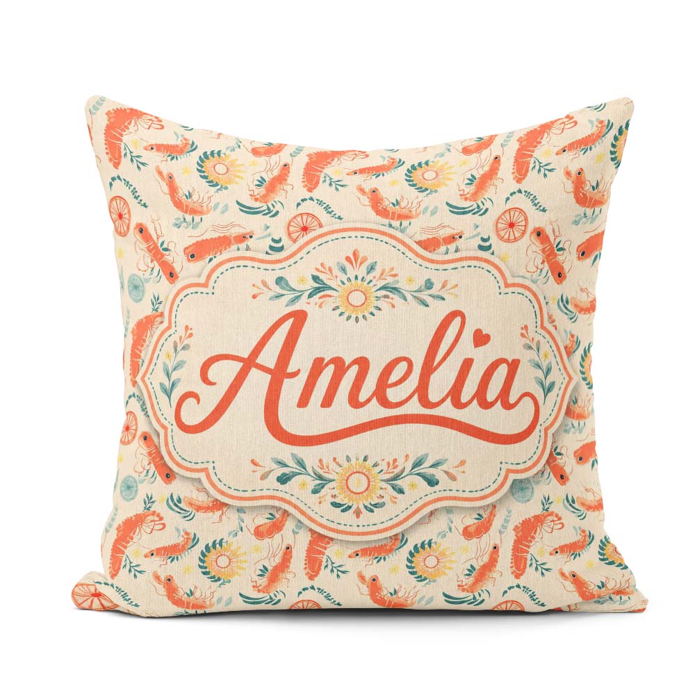 Custom Name Decorative Prawn with and Botanical Elements Pattern Square Filled Cushion Throw Pillow Sofa Bed Home Decor Zip Washable UK Made