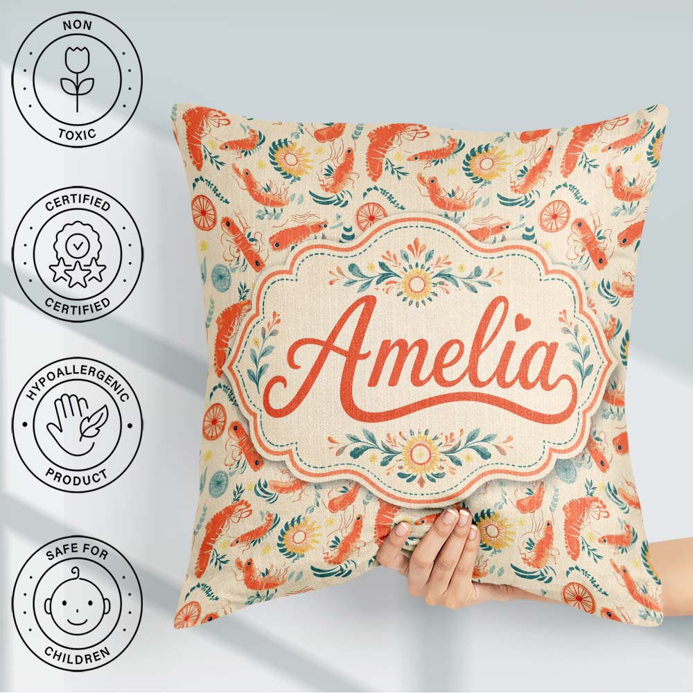 Custom Name Decorative Prawn with and Botanical Elements Pattern Square Filled Cushion Throw Pillow Sofa Bed Home Decor Zip Washable UK Made