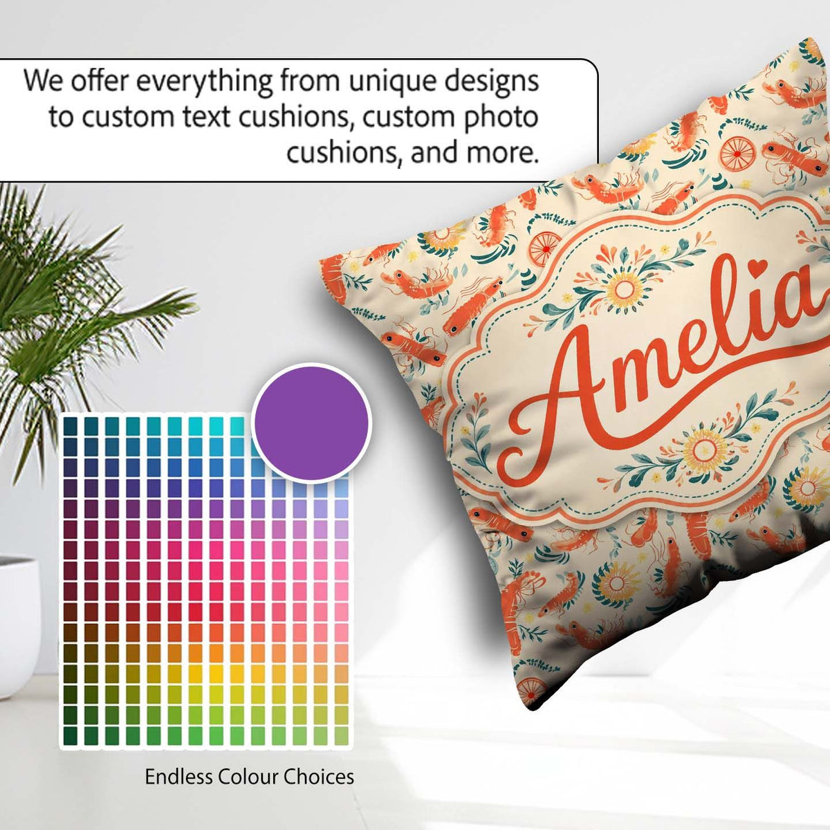 Custom Name Decorative Prawn with and Botanical Elements Pattern Square Filled Cushion Throw Pillow Sofa Bed Home Decor Zip Washable UK Made