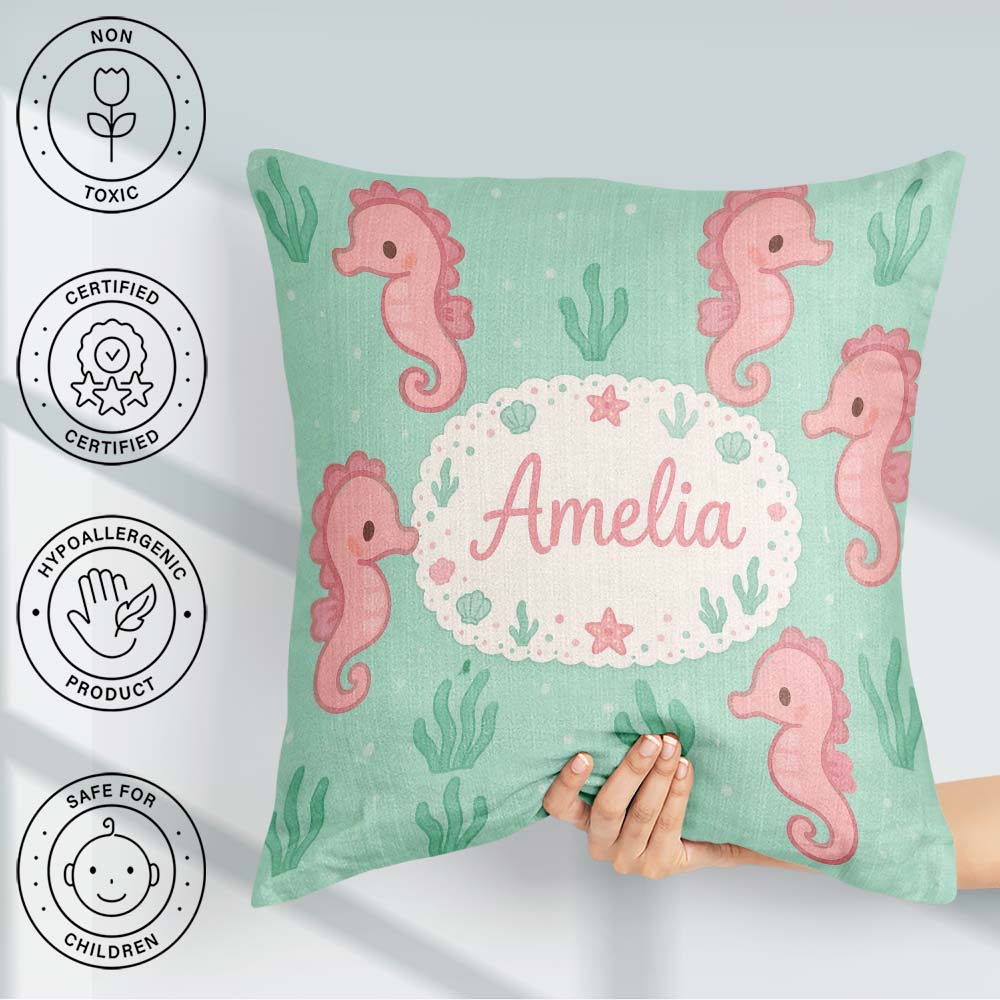 Custom Name Cute Seahorse Ocean Cartoon Animal Pattern Everyday Square Filled Cushion Throw Pillow Sofa Bed Home Decor Zip Washable UK Made