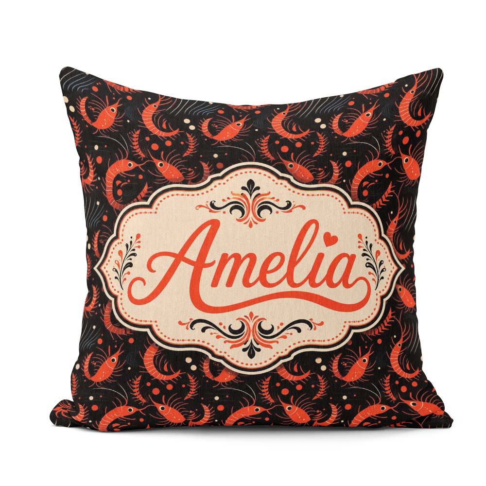Custom Name Bold Red Shrimp on Black with Flowing Ocean Seamless Square Filled Cushion Throw Pillow Sofa Bed Home Decor Zip Washable UK Made