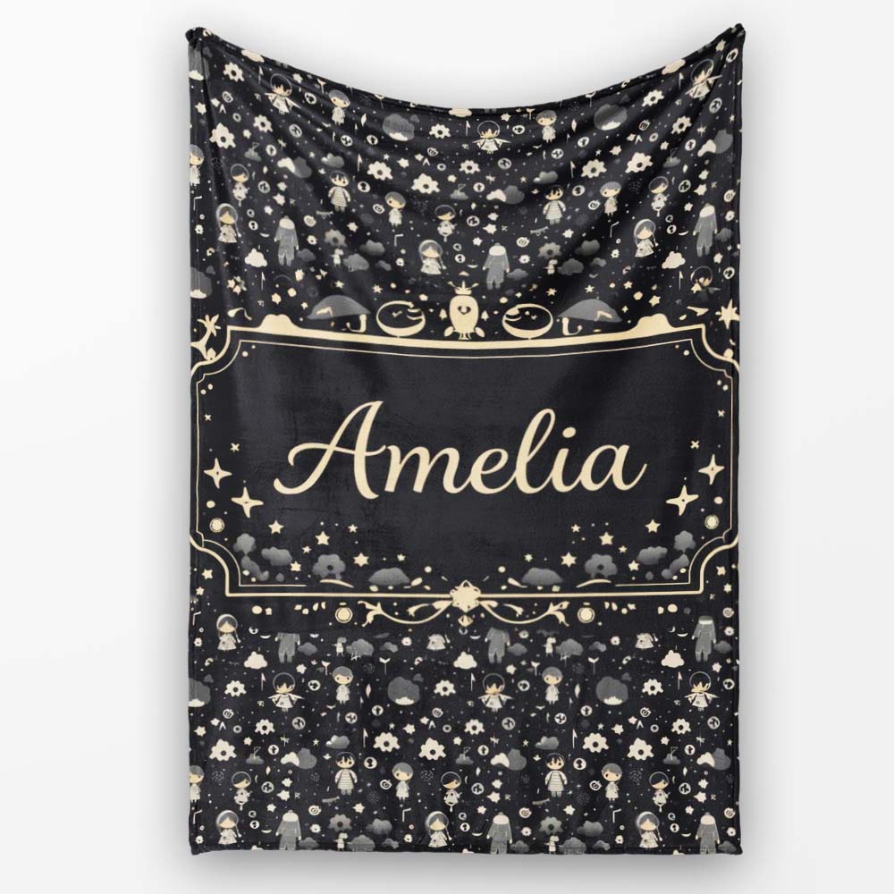 Dark Cute Character Night Pattern Cartoon Kids Design Lovely Personalised Custom Name Super Soft Fleece Blanket Bed Sofa Throw