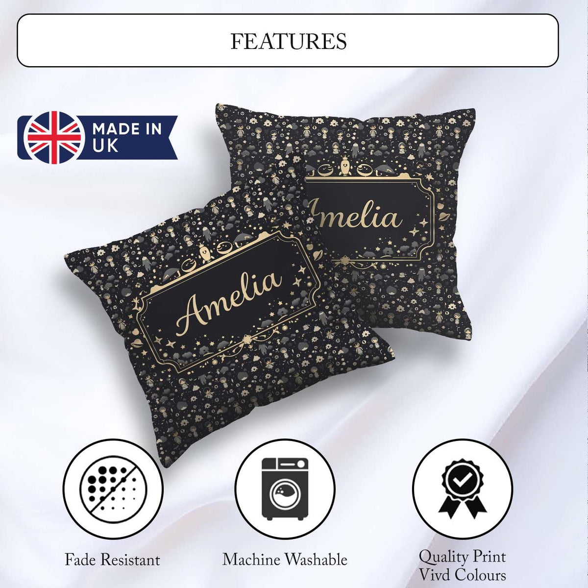 Custom Name Dark Character Night Pattern Cartoon Kids Design Square Filled Cushion Throw Pillow Sofa Bed Home Decor Zip Washable UK Made