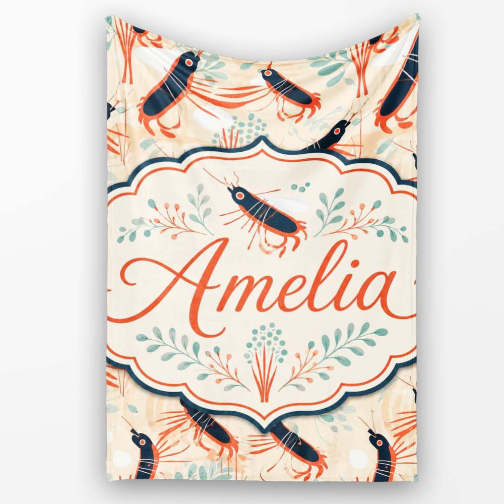 Stylised Lobster Pattern with Aquatic Elements Seamless Pattern Personalised Custom Name Super Soft Fleece Blanket Bed Sofa Throw