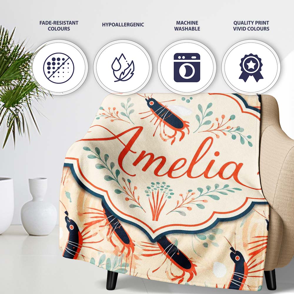 Stylised Lobster Pattern with Aquatic Elements Seamless Pattern Personalised Custom Name Super Soft Fleece Blanket Bed Sofa Throw