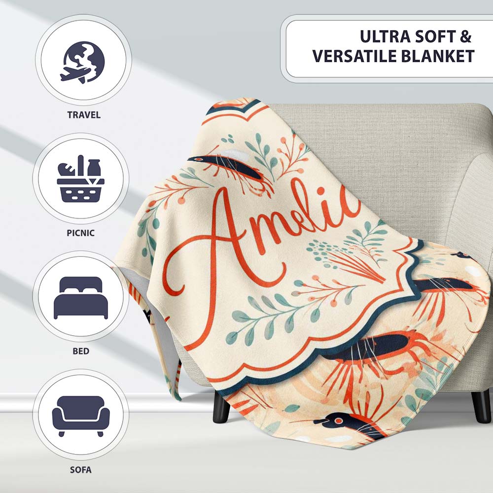 Stylised Lobster Pattern with Aquatic Elements Seamless Pattern Personalised Custom Name Super Soft Fleece Blanket Bed Sofa Throw