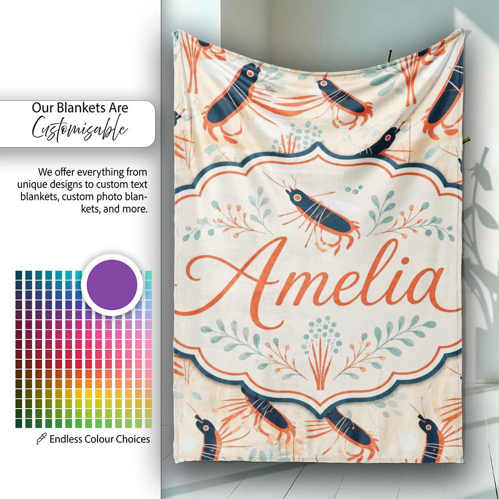 Stylised Lobster Pattern with Aquatic Elements Seamless Pattern Personalised Custom Name Super Soft Fleece Blanket Bed Sofa Throw
