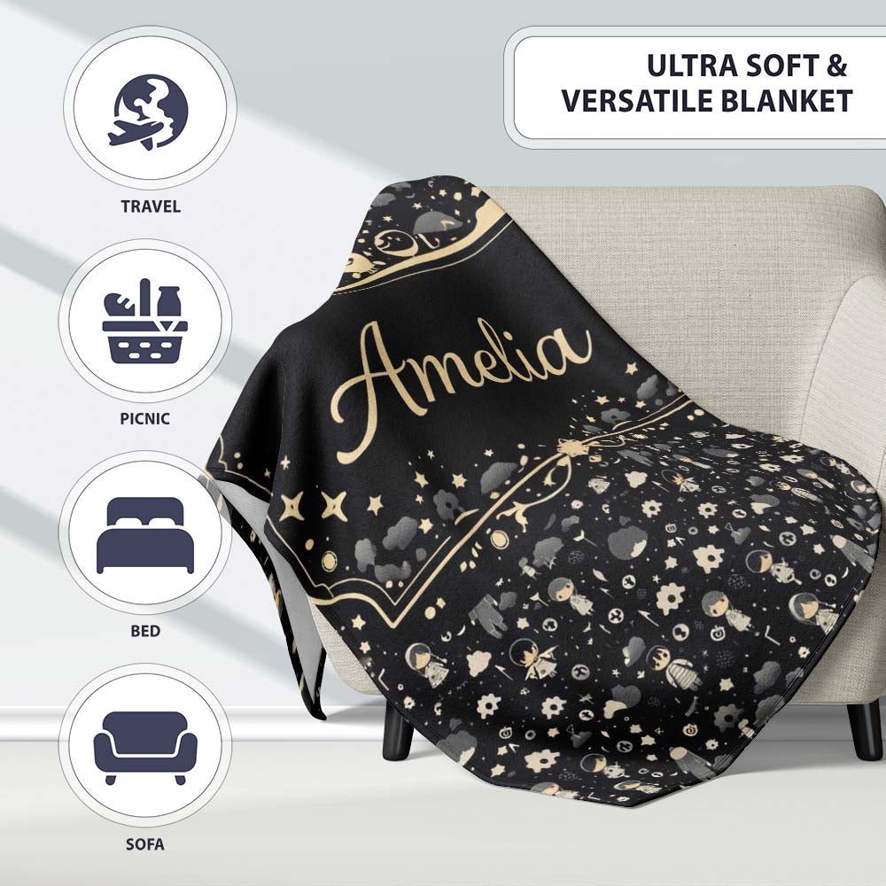 Dark Cute Character Night Pattern Cartoon Kids Design Lovely Personalised Custom Name Super Soft Fleece Blanket Bed Sofa Throw