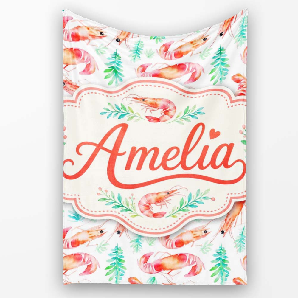 Watercolour Shrimp with Green Seaweed on Soft Background Seamless Personalised Custom Name Super Soft Fleece Blanket Bed Sofa Throw