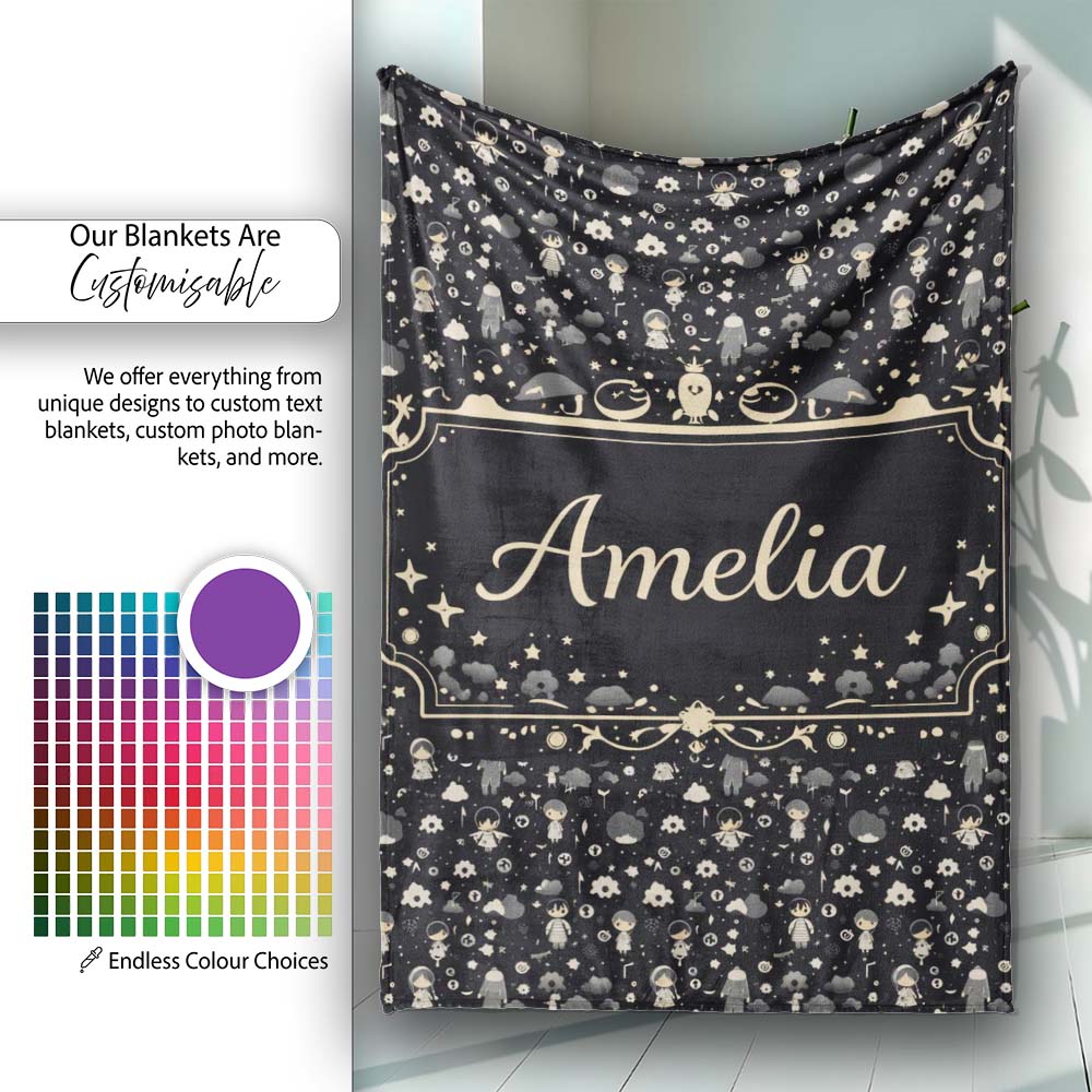 Dark Cute Character Night Pattern Cartoon Kids Design Lovely Personalised Custom Name Super Soft Fleece Blanket Bed Sofa Throw
