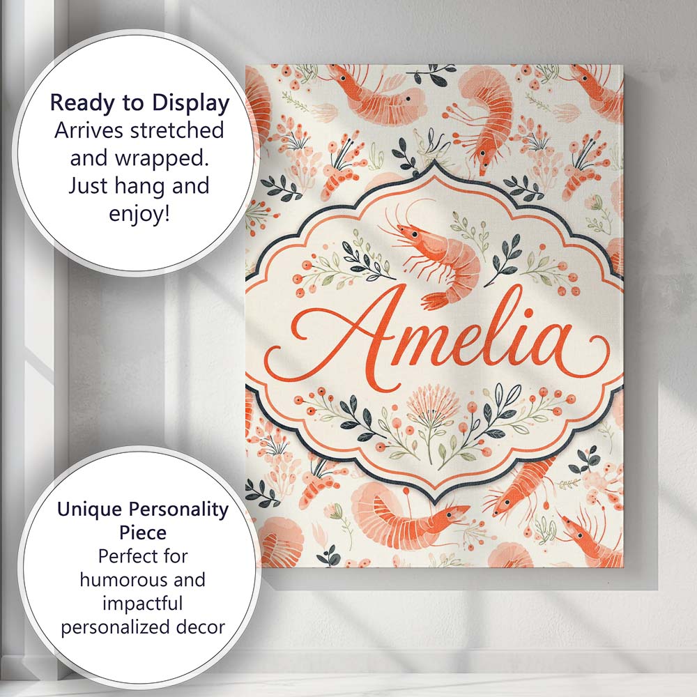 Personalised Name Coral Shrimp with Delicate Custom Bespoke Contemporary Display Canvas Wall Art Print Decor Picture Ready to Hang