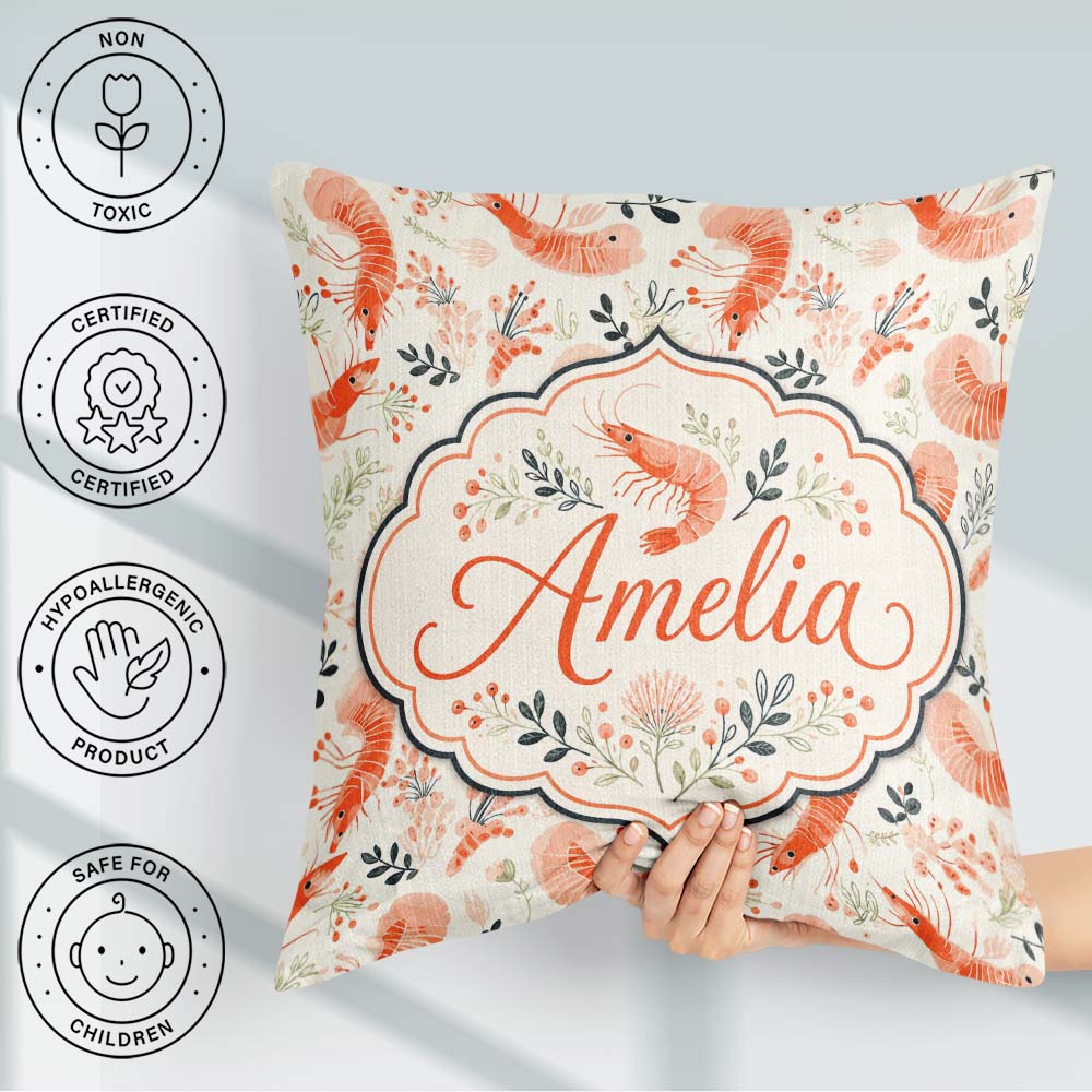 Custom Name Coral Shrimp with Delicate Elements Seamless Pattern Square Filled Cushion Throw Pillow Sofa Bed Home Decor Zip Washable UK Made