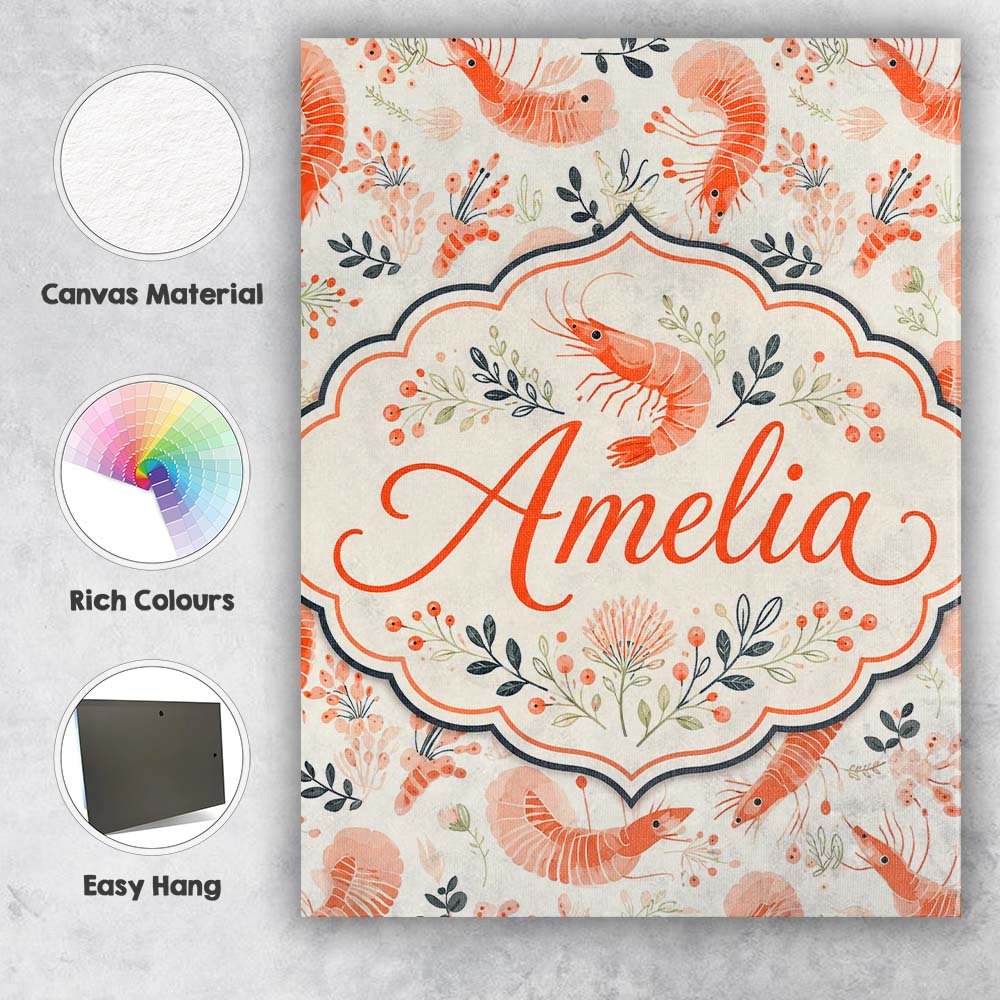 Personalised Name Coral Shrimp with Delicate Custom Bespoke Contemporary Display Canvas Wall Art Print Decor Picture Ready to Hang