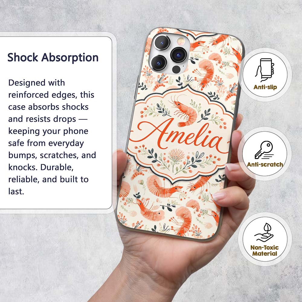 Coral Shrimp with Delicate Floral Printed Design Custom Name Protective Phone Case Mobile Cover Durable Everyday Smartphone Shock Resistant