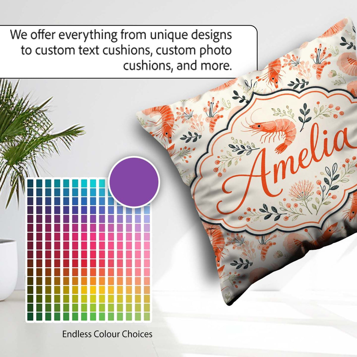 Custom Name Coral Shrimp with Delicate Elements Seamless Pattern Square Filled Cushion Throw Pillow Sofa Bed Home Decor Zip Washable UK Made
