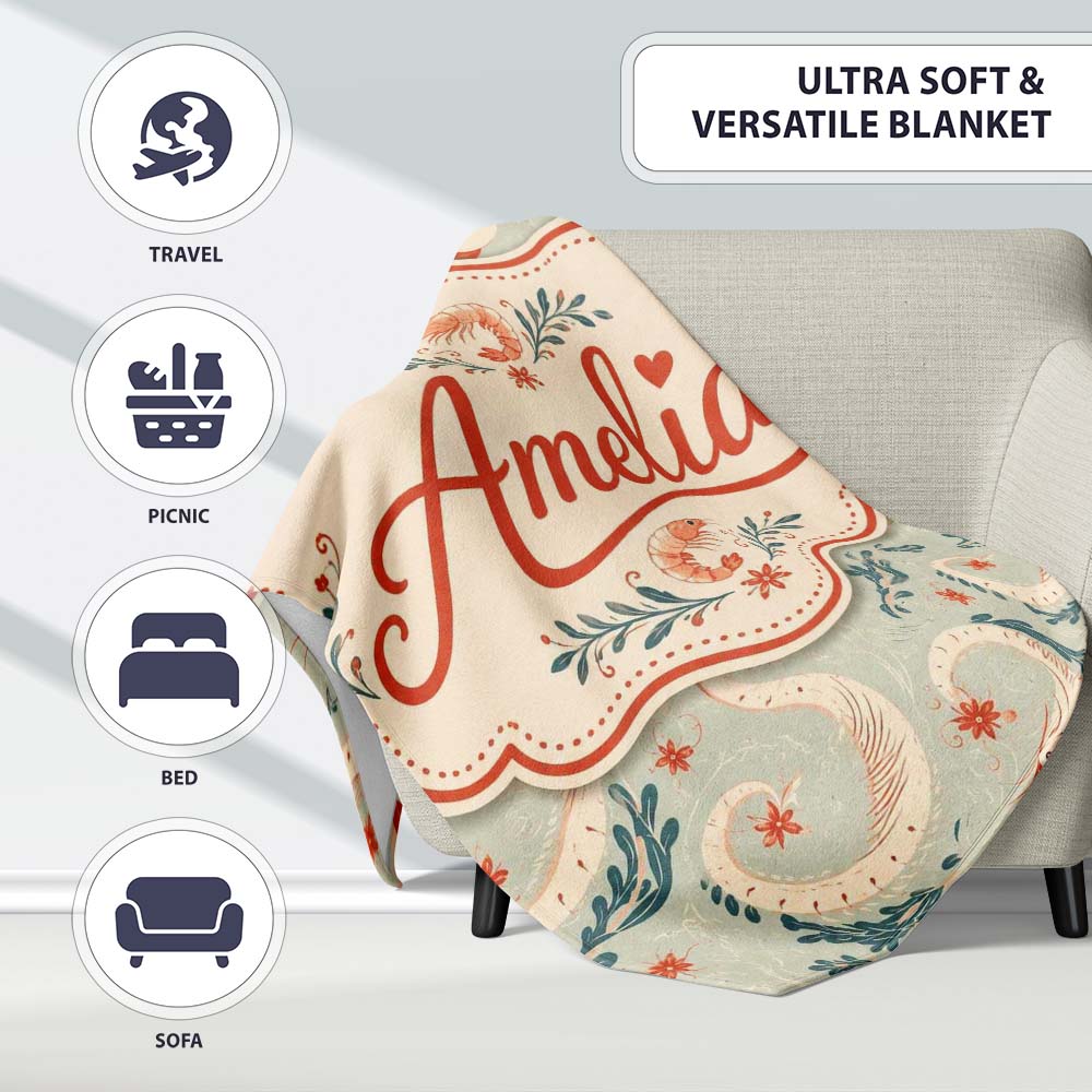 Elegant Koi Fish and Floral Swirl Pattern in Soft Tones Seamless Personalised Custom Name Super Soft Fleece Blanket Bed Sofa Throw