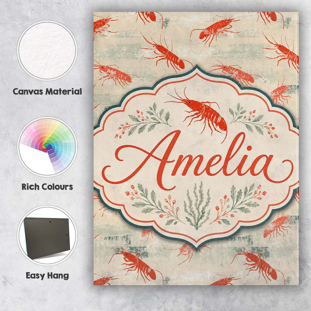 Personalised Name Minimal Red Shrimp on Custom Modern Room Accent Elegant Feature Canvas Wall Art Print Decor Picture Ready to Hang