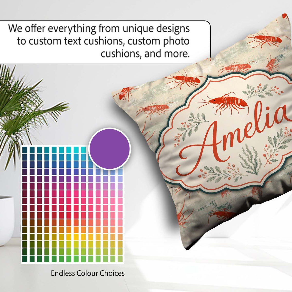 Custom Name Minimal Red Shrimp Textured Neutral Seamless Pattern Square Filled Cushion Throw Pillow Sofa Bed Home Decor Zip Washable UK Made