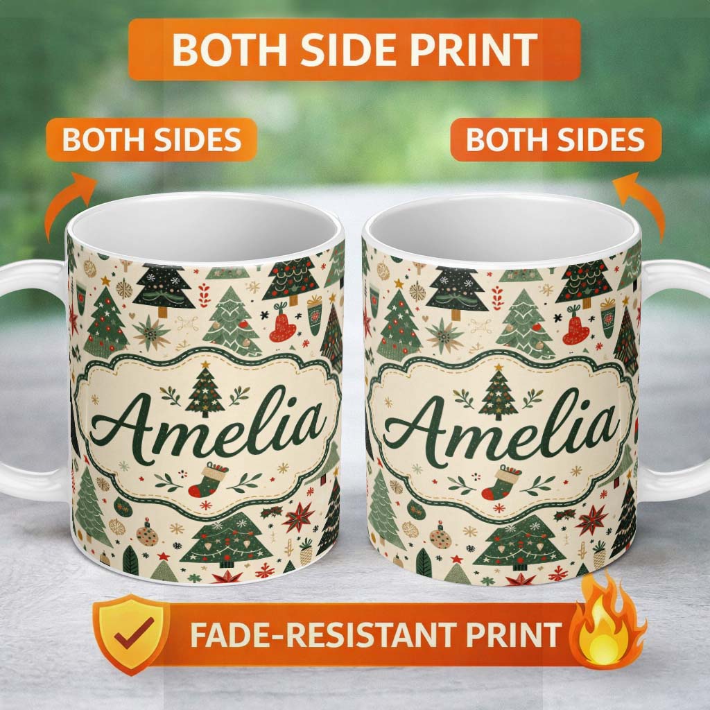 Personalized Custom Name Scandinavian Christmas Trees Ornaments Snowflakes Cozy Holiday 11oz Ceramic Coffee Tea Mug White Large Handle