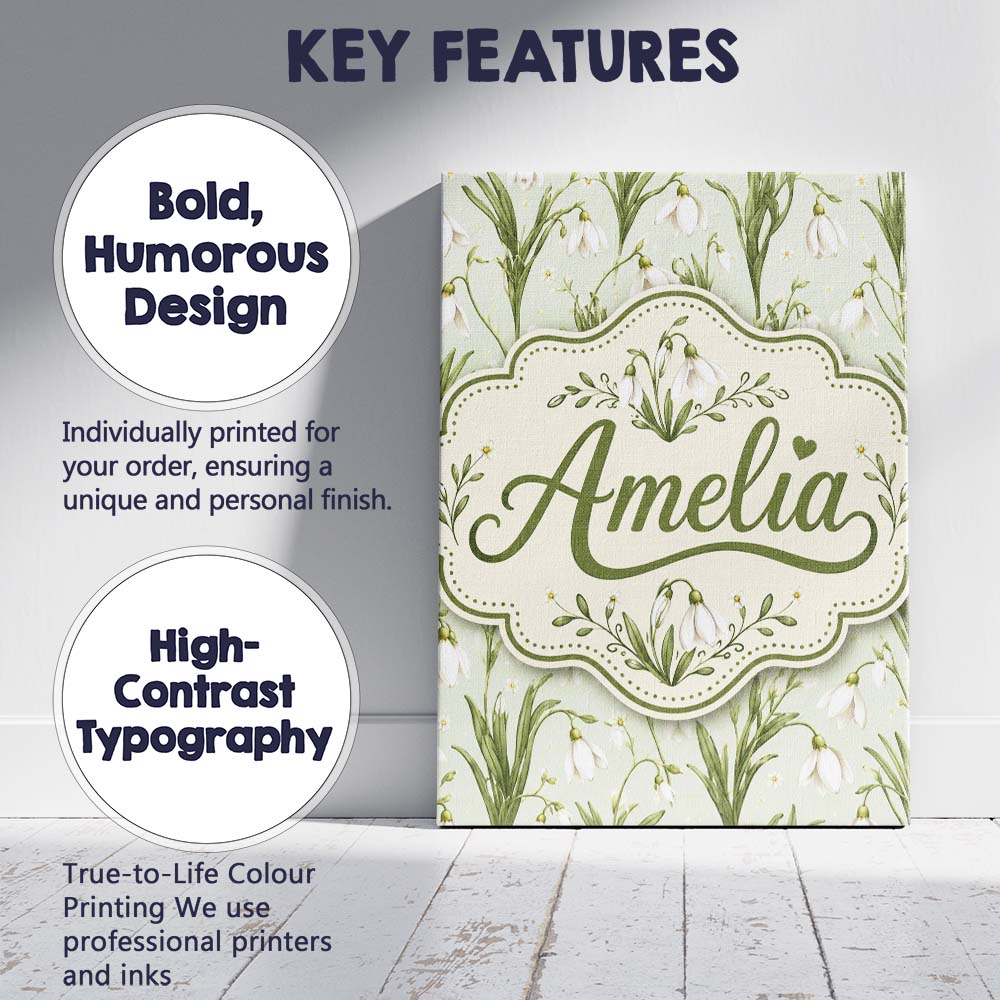 Personalised Name White Bell Flowers with Custom Unique Gift Idea Elegant Feature Canvas Wall Art Print Decor Picture Ready to Hang
