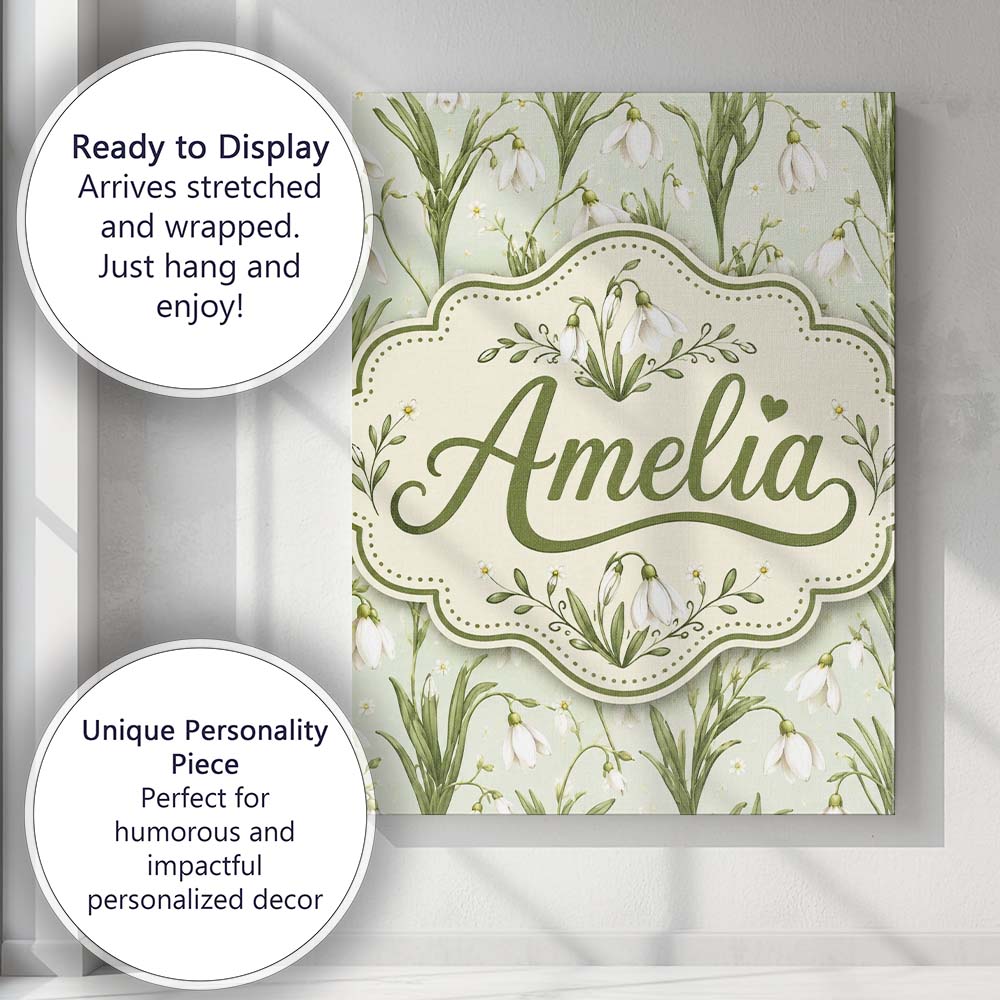 Personalised Name White Bell Flowers with Custom Unique Gift Idea Elegant Feature Canvas Wall Art Print Decor Picture Ready to Hang