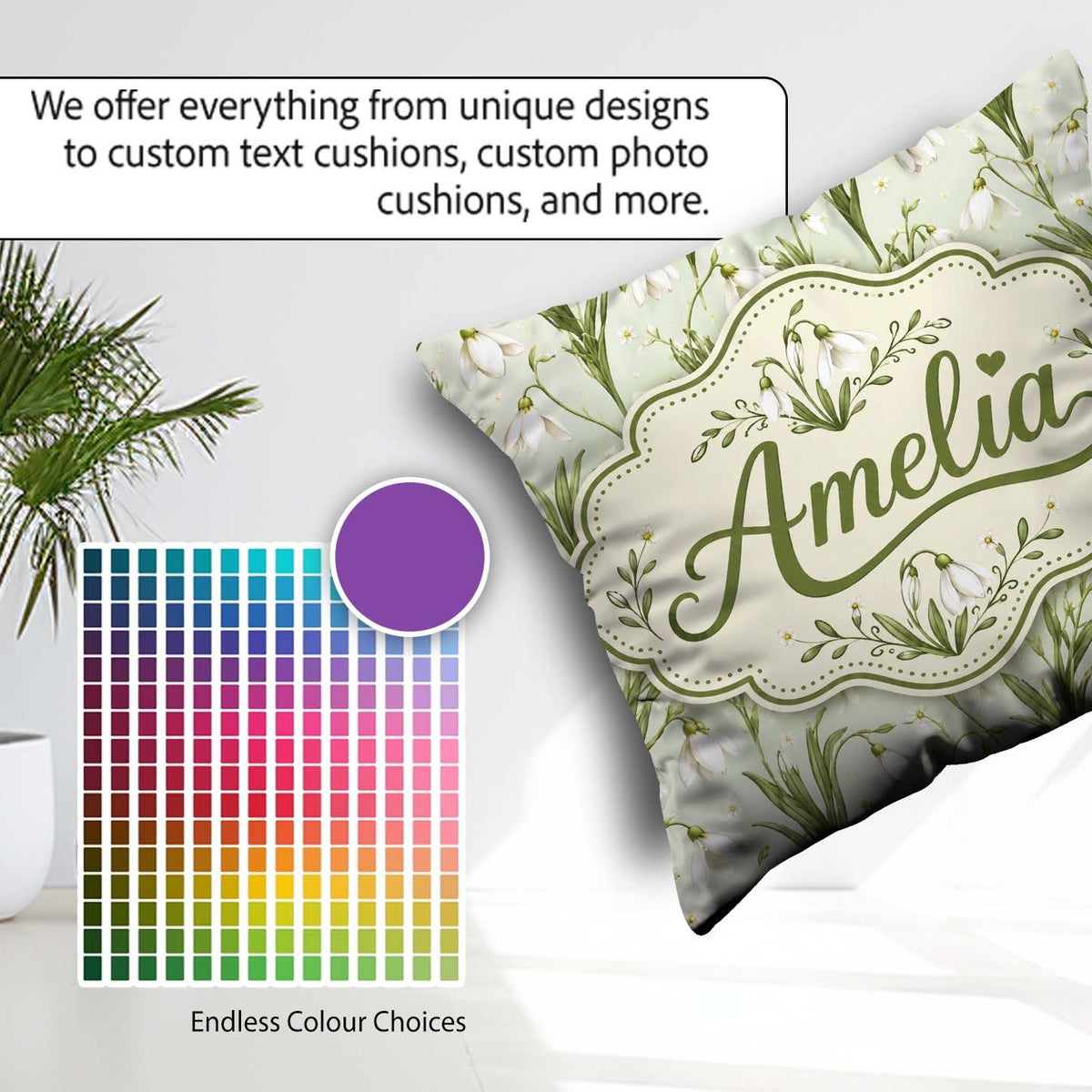 Custom Name White Bell Flowers with Soft Green Foliage on Light Square Filled Cushion Throw Pillow Sofa Bed Home Decor Zip Washable UK Made