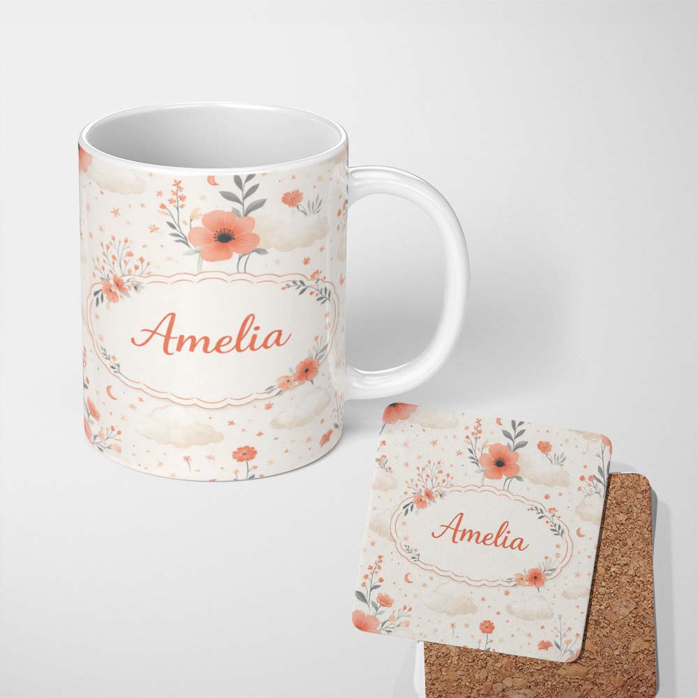 Personalized Custom Name Watercolour Floral Cloud Pattern Soft Peach Tones Cute Unique Gift 11oz Ceramic Coffee Tea Mug White Large Handle