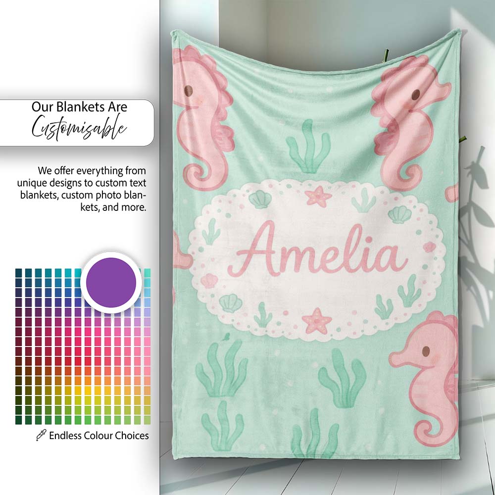 Cute Seahorse Ocean Cartoon Animal Pattern Stylish Everyday Personalised Custom Name Super Soft Fleece Blanket Bed Sofa Throw
