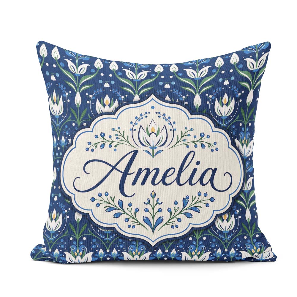 Custom Name Symmetrical Blue Floral Folk Art Pattern with Blooms Square Filled Cushion Throw Pillow Sofa Bed Home Decor Zip Washable UK Made