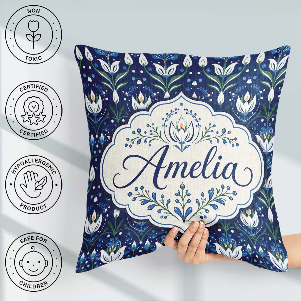 Custom Name Symmetrical Blue Floral Folk Art Pattern with Blooms Square Filled Cushion Throw Pillow Sofa Bed Home Decor Zip Washable UK Made