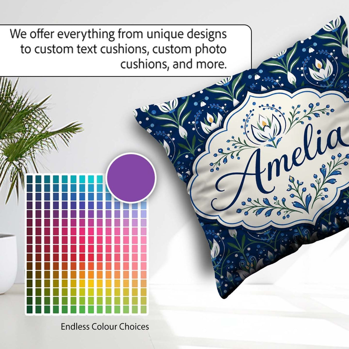 Custom Name Symmetrical Blue Floral Folk Art Pattern with Blooms Square Filled Cushion Throw Pillow Sofa Bed Home Decor Zip Washable UK Made