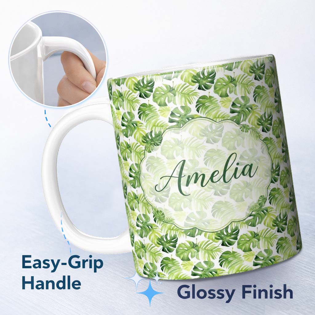 Personalized Custom Name Fresh Green Monstera and Palm Leaves Jungle Seamless Pattern Lovely 11oz Ceramic Coffee Tea Mug White Large Handle