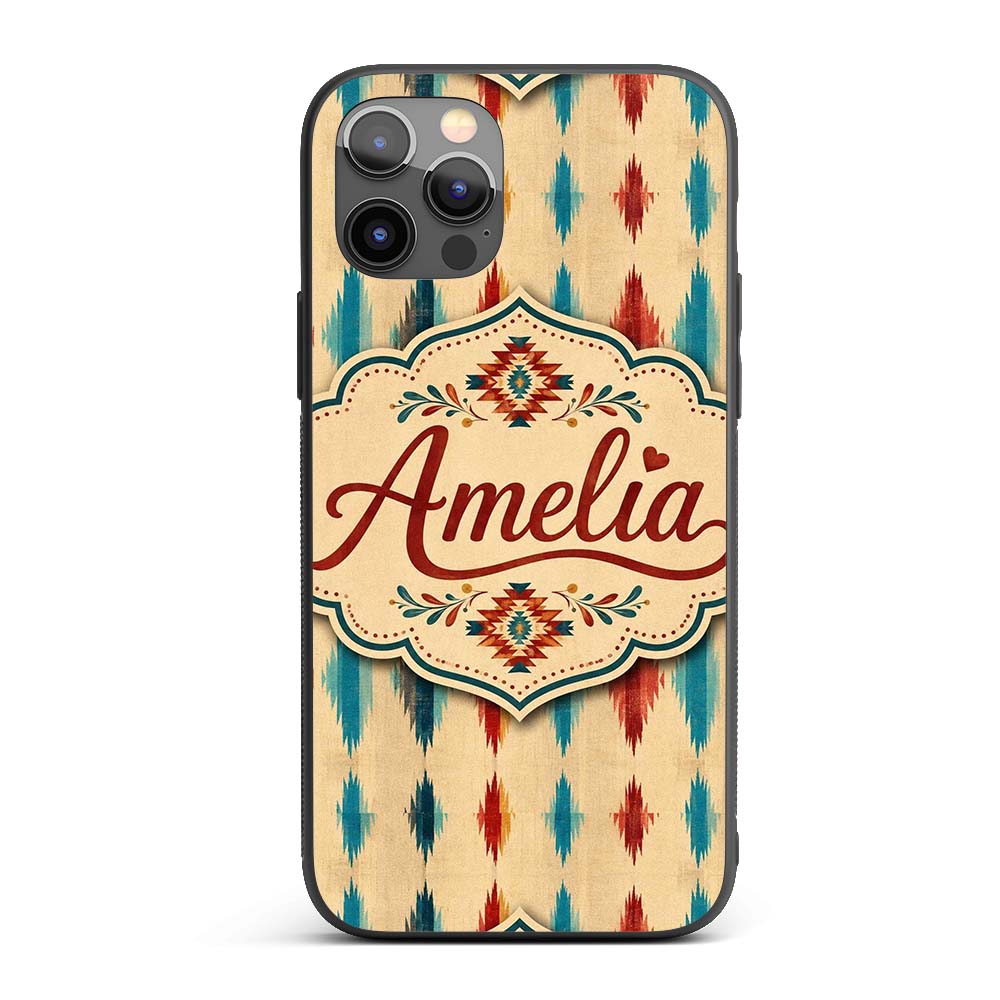 Southwestern Diamond Ikat Pattern in Earthy Tones Custom Name Protective Phone Case Mobile Cover Durable Everyday Smartphone Shock Resistant
