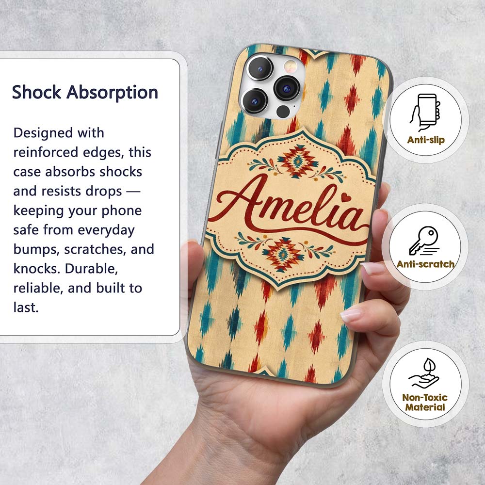 Southwestern Diamond Ikat Pattern in Earthy Tones Custom Name Protective Phone Case Mobile Cover Durable Everyday Smartphone Shock Resistant