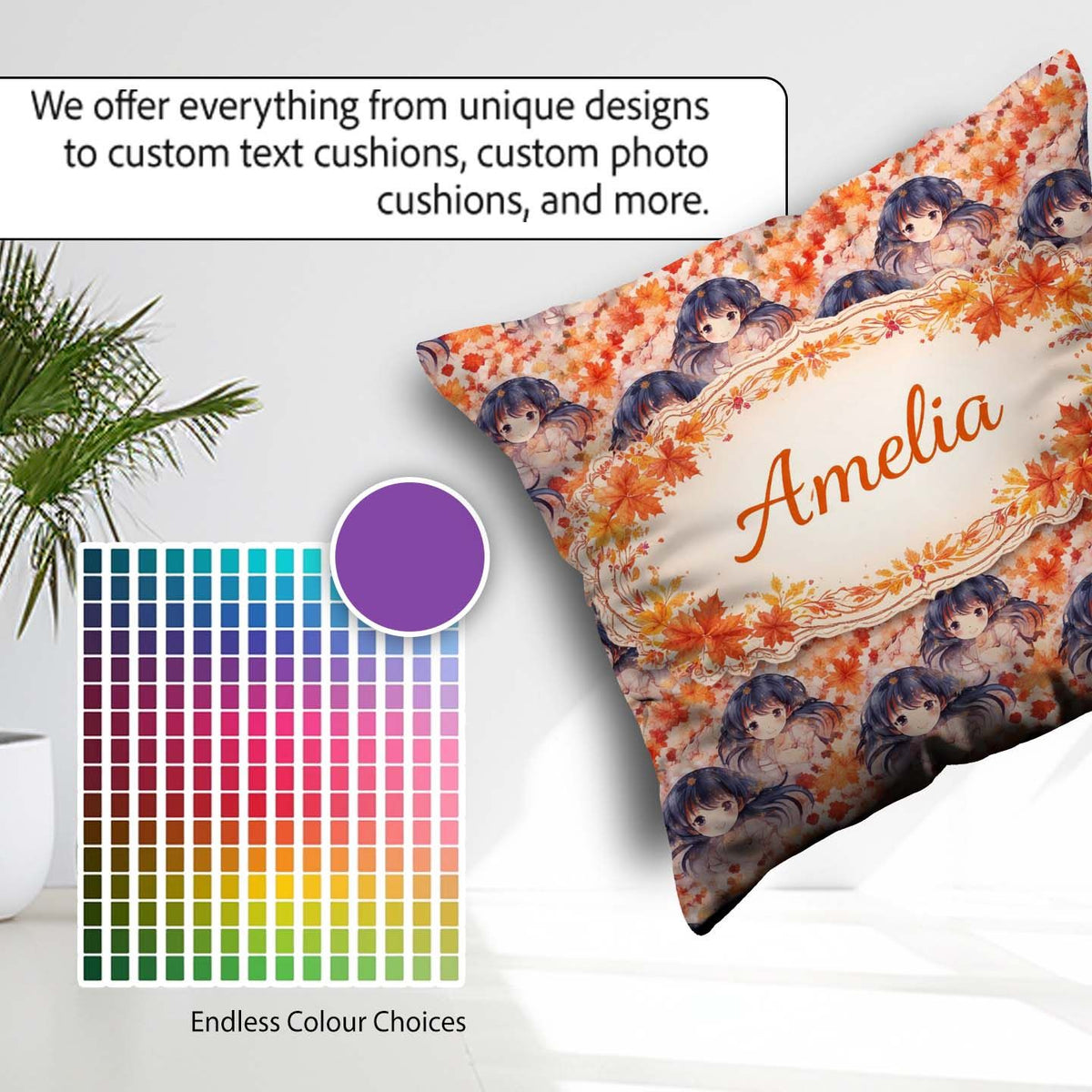 Custom Name Anime Girl Floral Orange Blue Pattern Kawaii Design Square Filled Cushion Throw Pillow Sofa Bed Home Decor Zip Washable UK Made