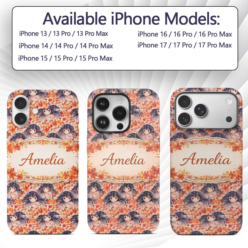 Anime Girl Floral Orange Blue Pattern Kawaii Custom Name Protective Phone Case Mobile Cover Durable Everyday Smartphone Shock Resistant