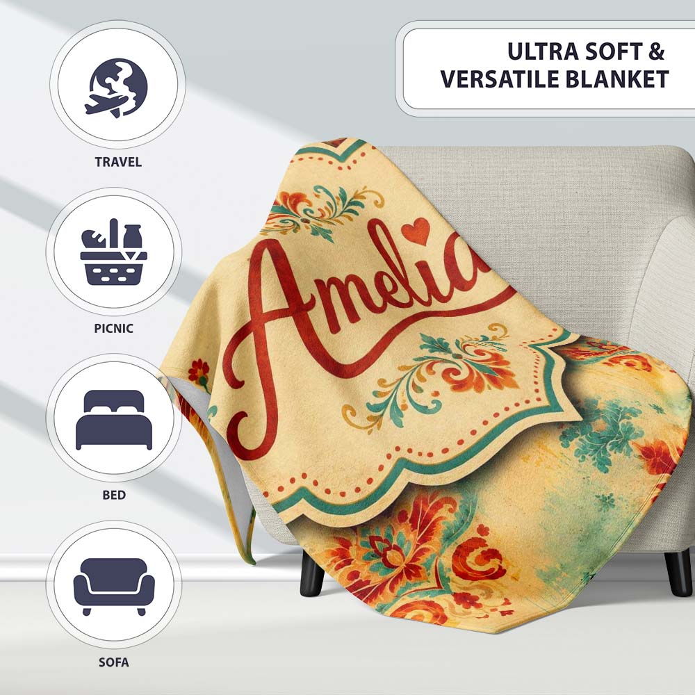 Vintage Distressed Damask Motif Pattern in Red Teal and Gold Lovely Personalised Custom Name Super Soft Fleece Blanket Bed Sofa Throw