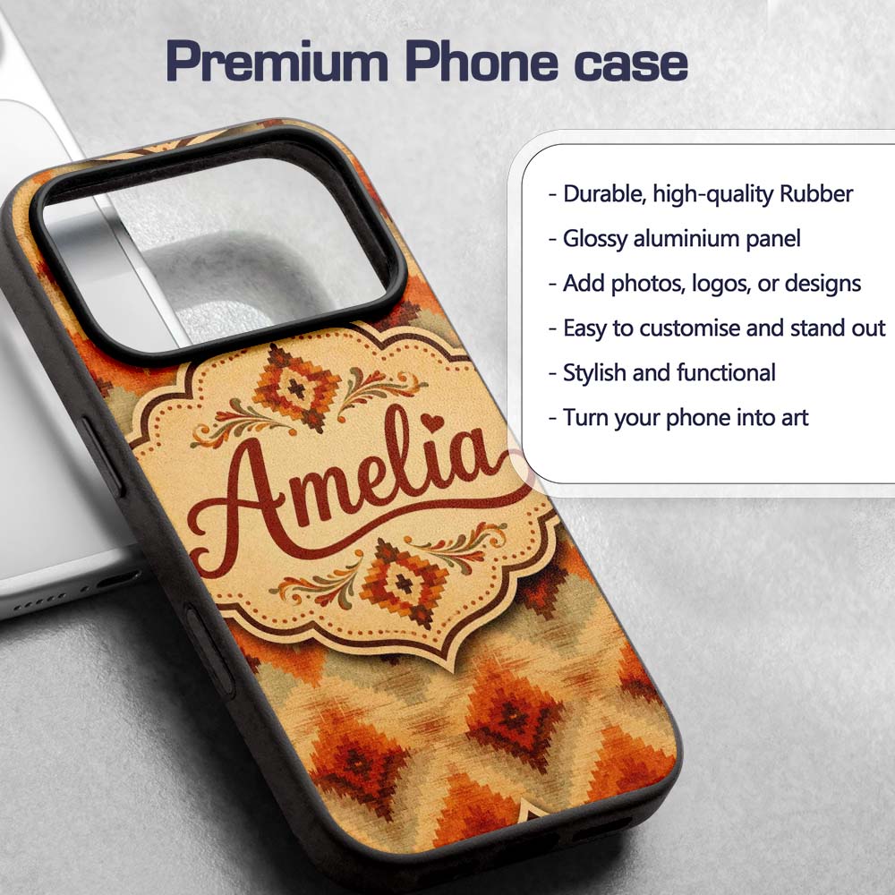 Southwestern Ikat Diamond Pattern in Warm Earth Custom Name Protective Phone Case Mobile Cover Durable Everyday Smartphone Shock Resistant