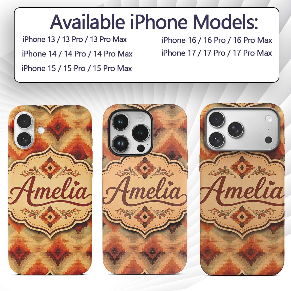 Southwestern Ikat Diamond Pattern in Warm Earth Custom Name Protective Phone Case Mobile Cover Durable Everyday Smartphone Shock Resistant