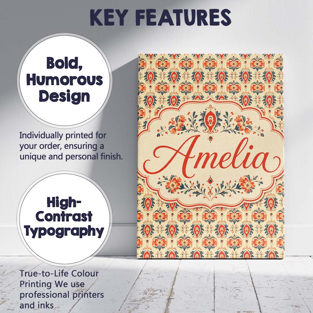 Personalised Name Ornamental Folk Floral Custom Unique Gift Idea Elegant Feature Canvas Wall Art Print Decor Picture Ready to Hang