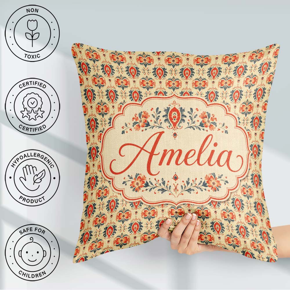 Custom Name Ornamental Folk Floral Tile Pattern in Red and Cream Square Filled Cushion Throw Pillow Sofa Bed Home Decor Zip Washable UK Made