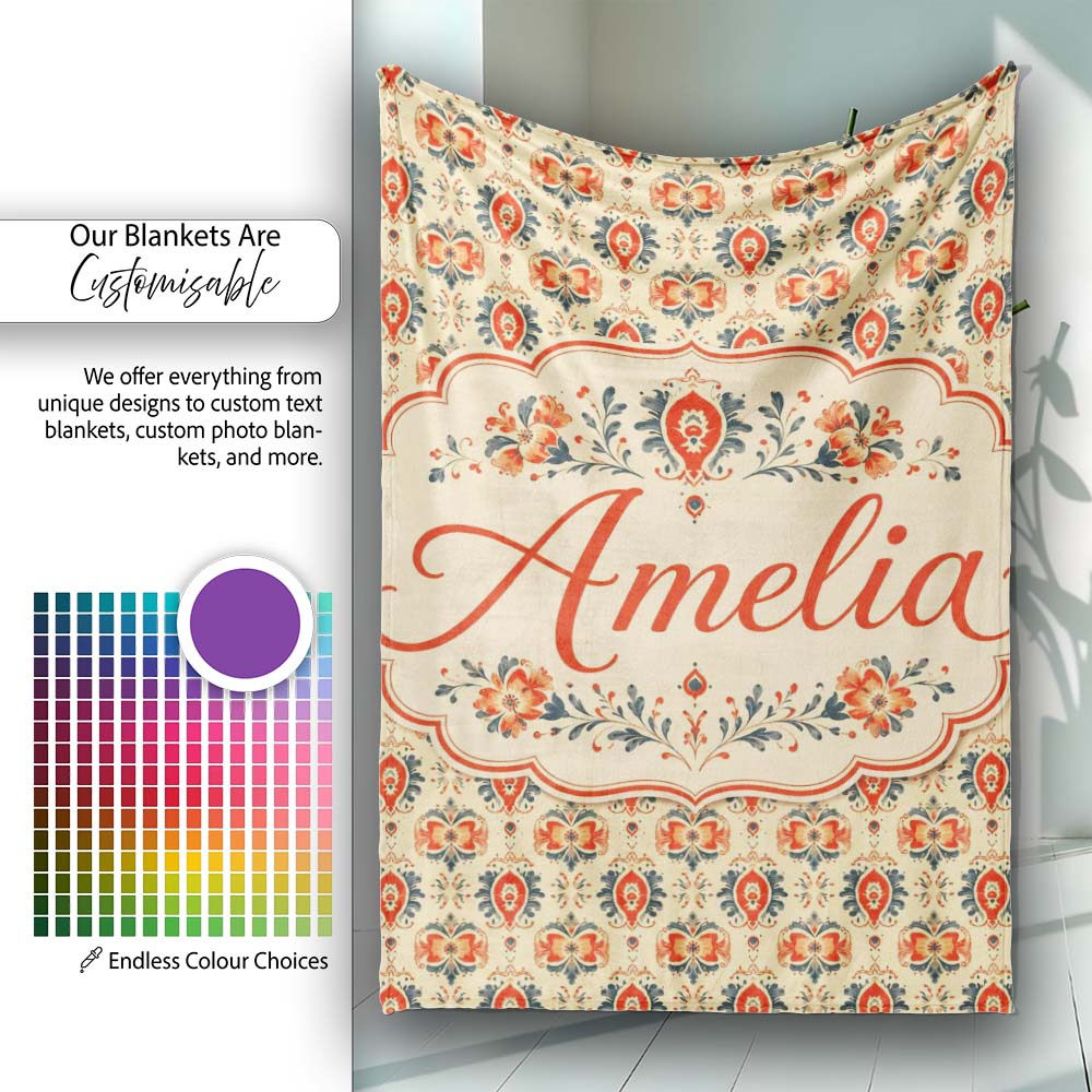 Ornamental Folk Floral Tile Pattern in Red Blue and Cream Lovely Personalised Custom Name Super Soft Fleece Blanket Bed Sofa Throw