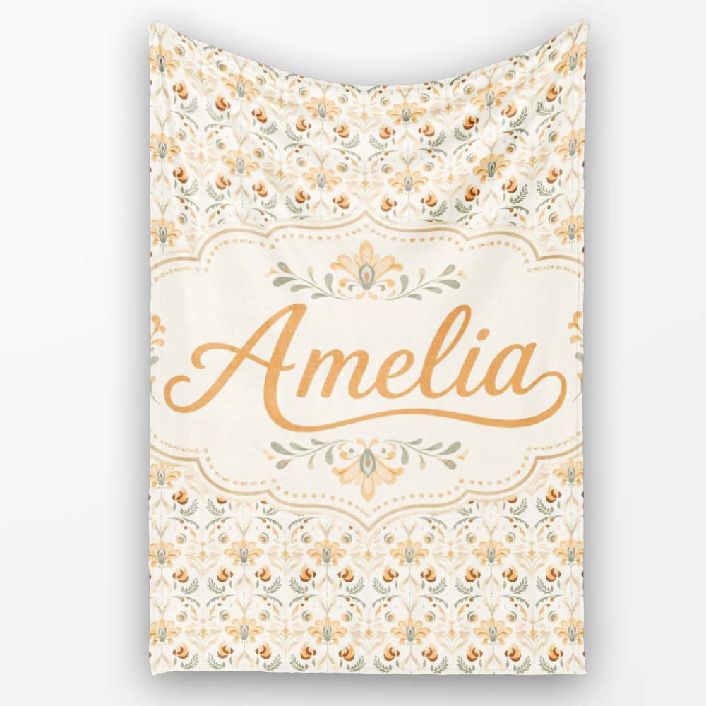 Vintage Ornamental Floral Tile Pattern in Soft Beige and Muted Earth Personalised Custom Name Super Soft Fleece Blanket Bed Sofa Throw